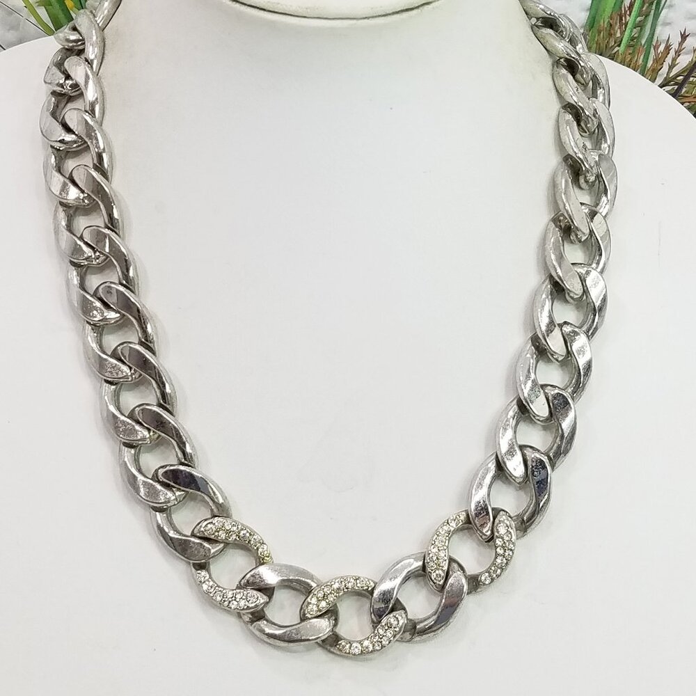 Vintage Signed Lane Bryant Chunky Silver Tone Curb Chain Link & Crystal Necklace